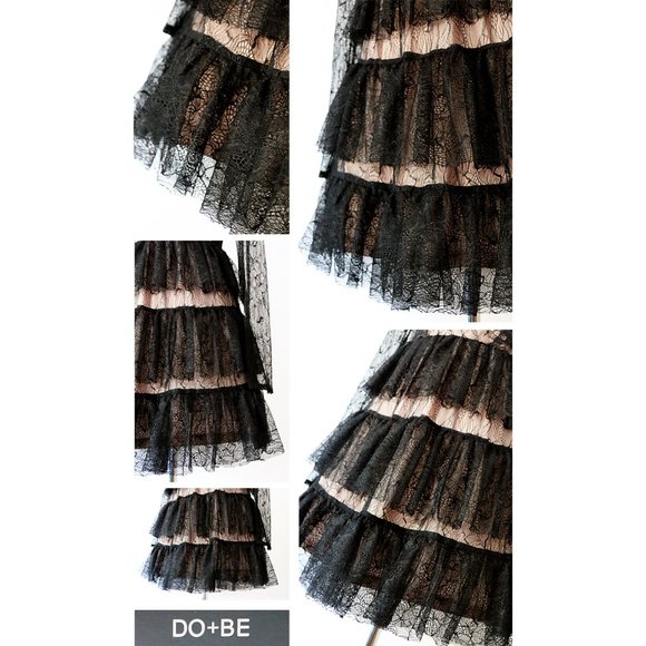 Black Lace Overlay Tiered Ruffle Romantic Dress - Picture 4 of 8